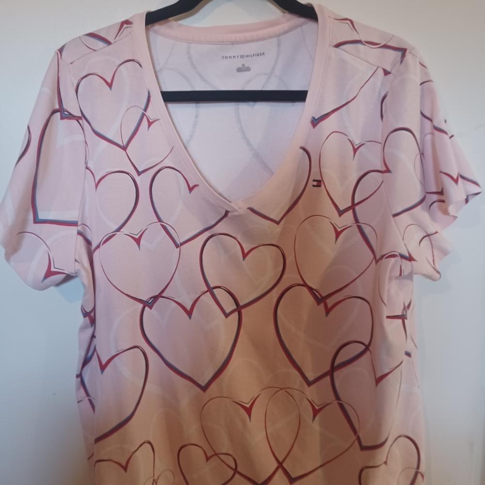 Tommy Hilfiger 1XL Women's Pink Heart Print Short Sleeve Tshirt New!